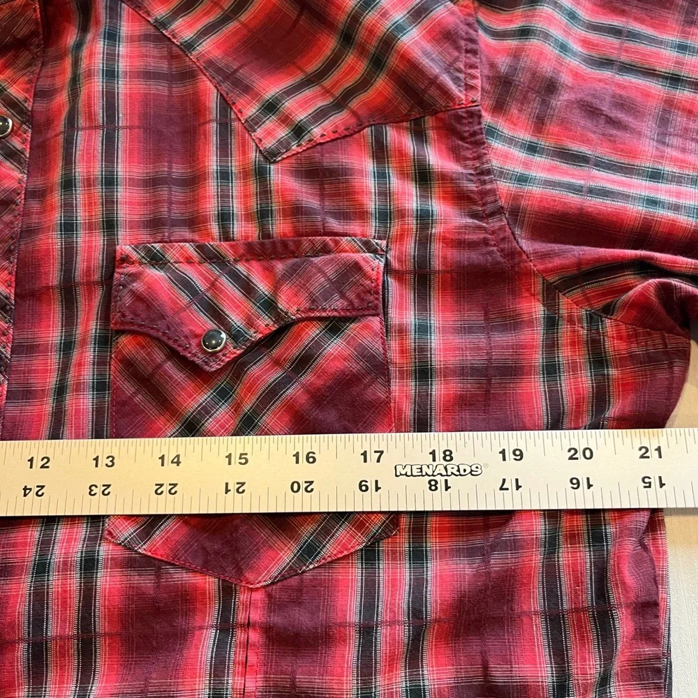Wrangler‎ Mens Western Snap Shirt Red Black Plaid Cowboy Workwear Medium Pearl